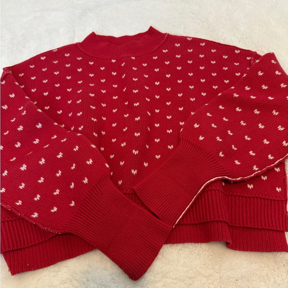 Free People Red Mock-Neck Sweater with White Dot Pattern